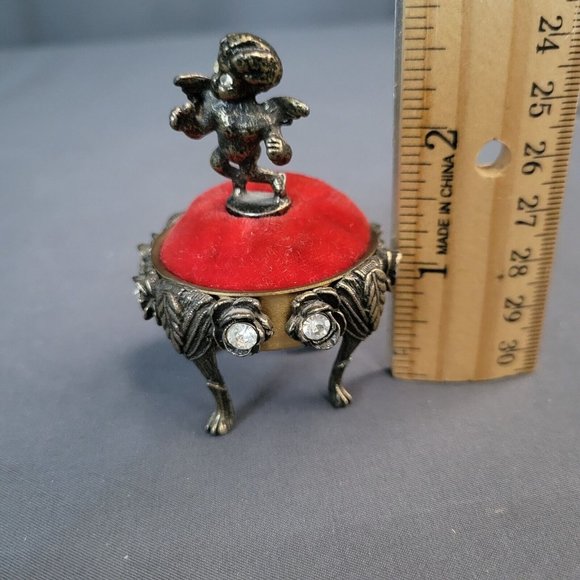 Vintage Mini Angel Cherub Figurine Red Velvet Pin Cushion Metal Footed 2.5” x 2" - Picture 6 of 6
